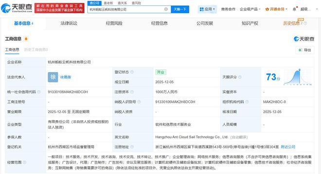 螞蟻集團(tuán)成立云帆科技，注冊(cè)資本1000萬布局計(jì)算機(jī)軟硬件零售